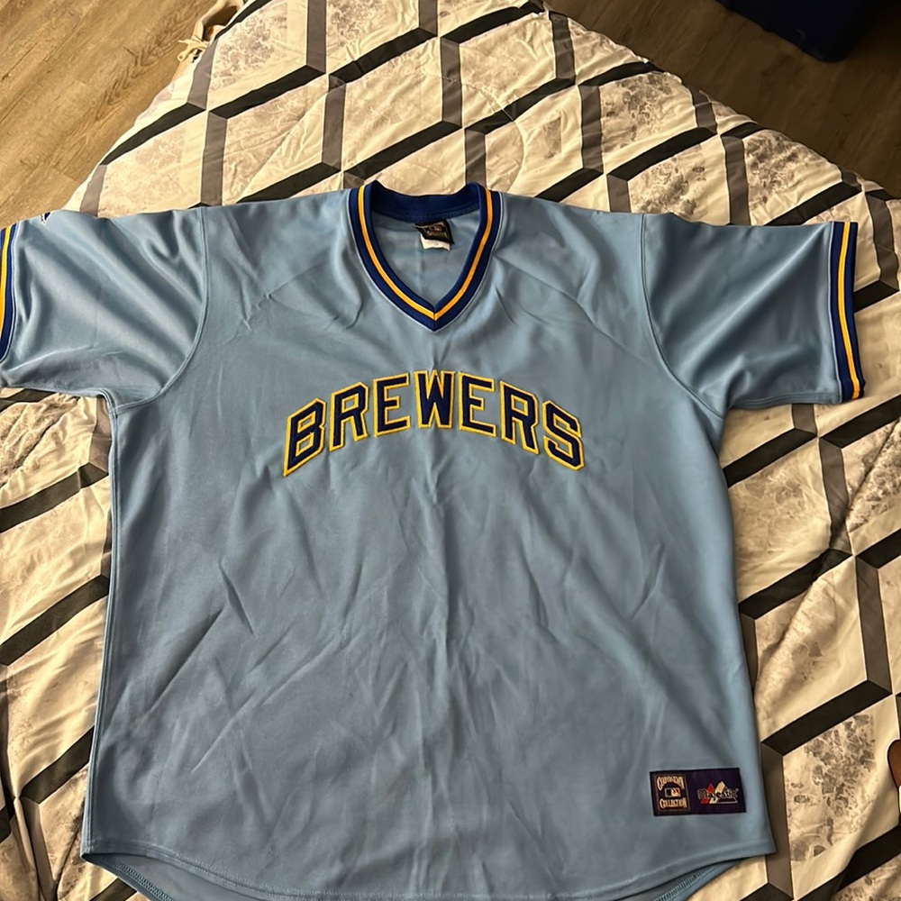Milwaukee Brewers throwback jersey Made by Majestic, 3xl, sky blue/gold